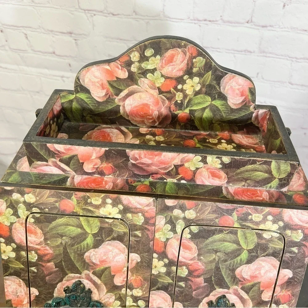 VINTAGE wooden Jewelry cabinet. Victorian look decoupaged. With a catch all